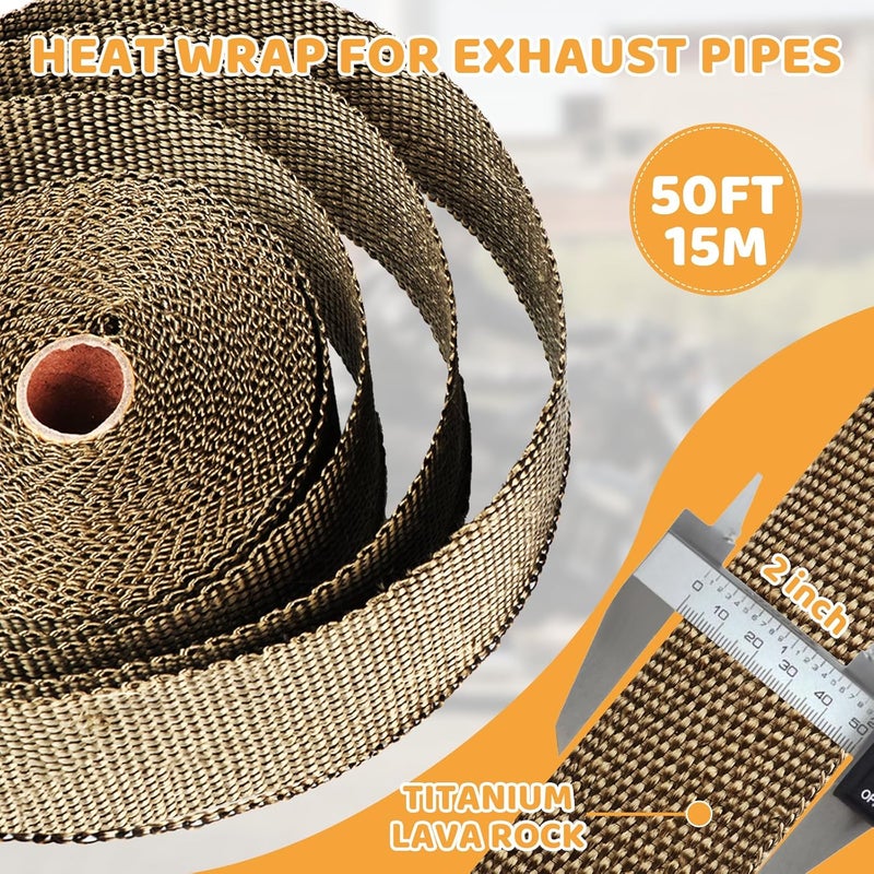 Tooomplus Exhaust Heat Wrap, 2'' x 50' Fiberglass Heat Shield Tape, Heat Wrap for Exhaust Pipes with 15pcs Stainless Steel Ties for Motorcycle Car Truck - Image 2